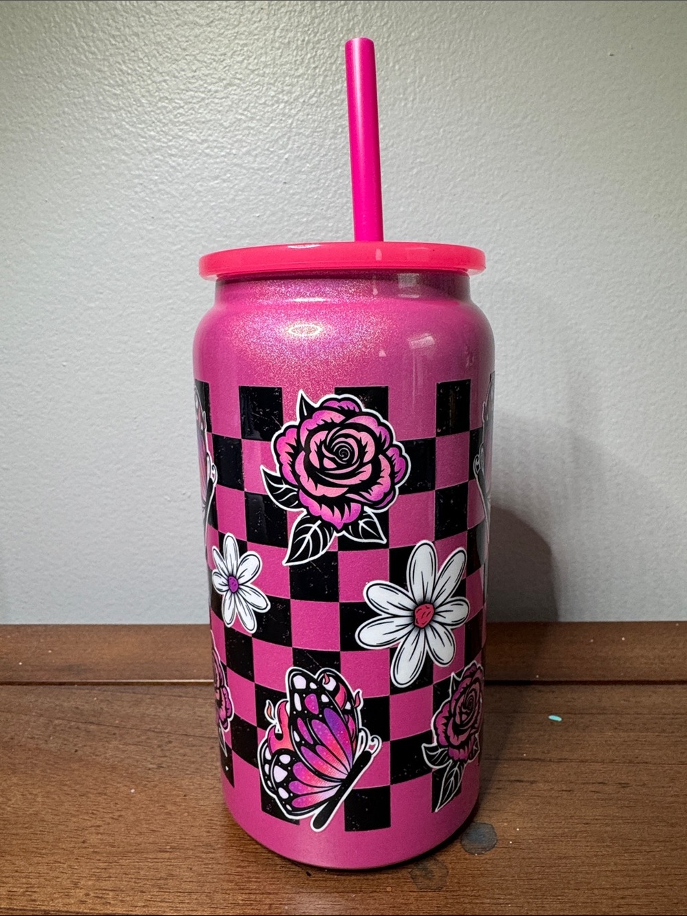 Pink and Black Floral Checkered Cup